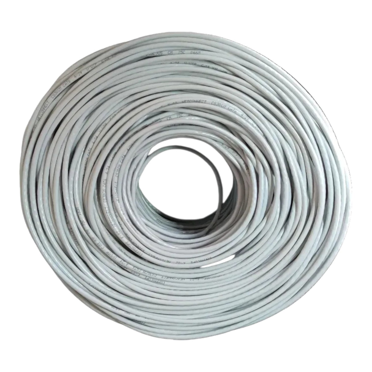 A coiled roll of light gray electrical wire or cable on a plain white background.