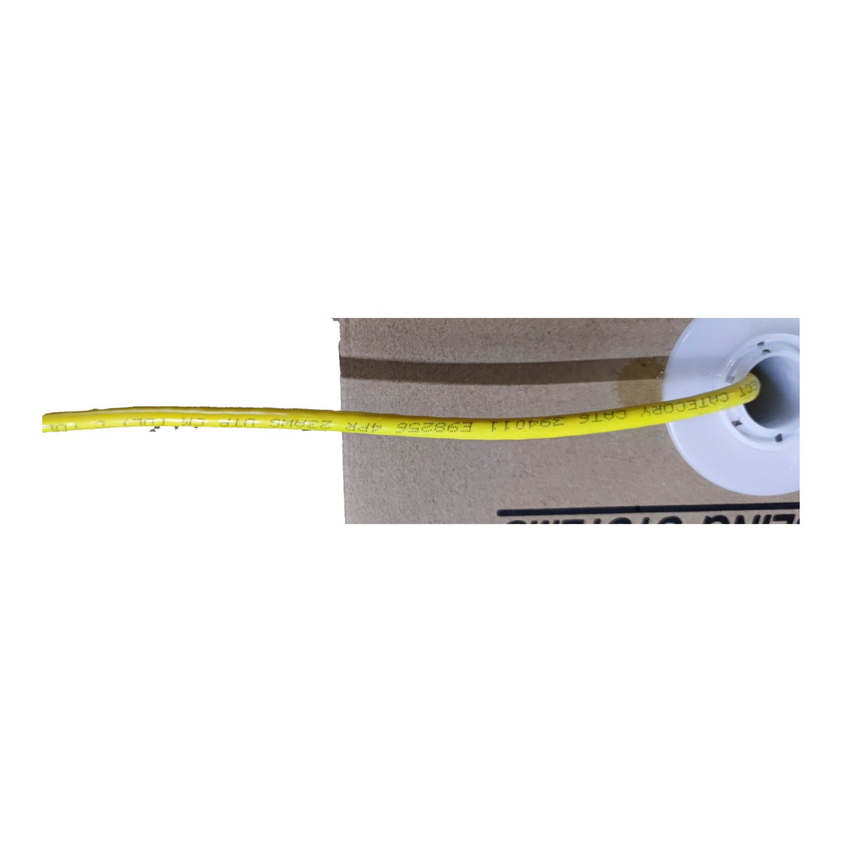 A close-up of a yellow electrical wire spool wound around a white plastic spool, positioned over a brown cardboard box on a white background.