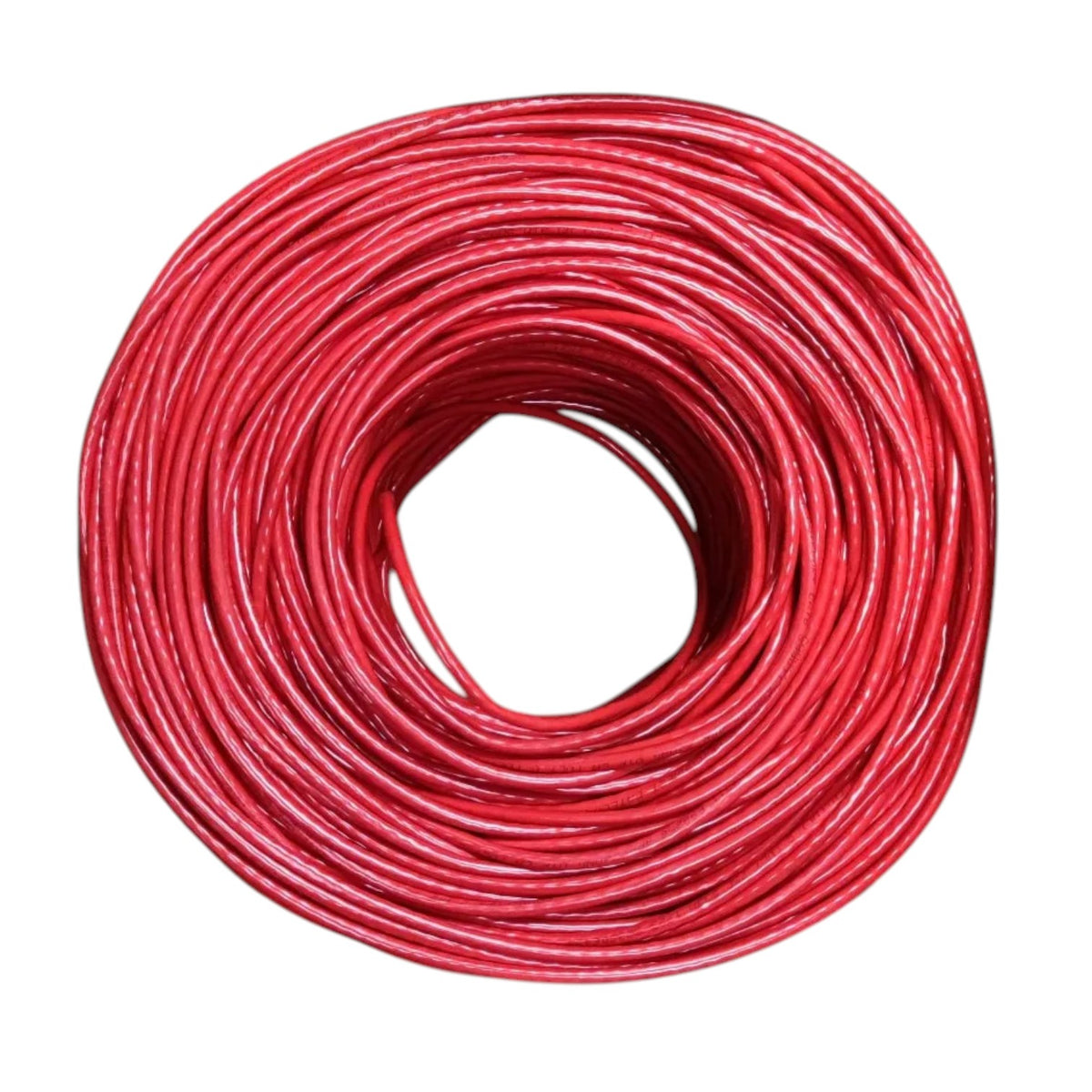 A coiled roll of bright red wire or cord, photographed against a plain white background.