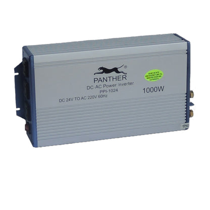 A silver and dark blue Panther brand DC-AC power inverter with a ribbed metal casing, shown on a plain white background.