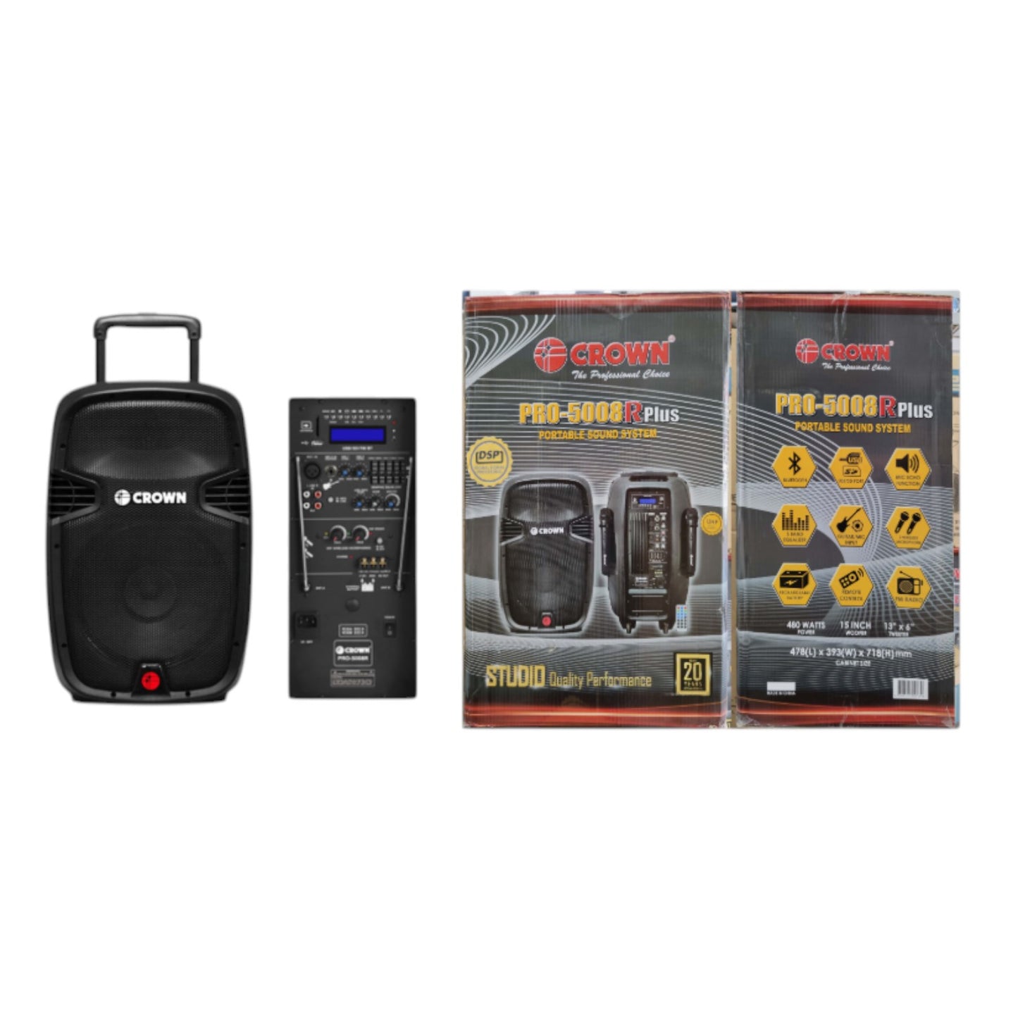 Crown 480W Portable Speaker 15 Inches 12V DC 2 Wireless Mic USB and SD Port LCD Display Guitar Port 4-8 Ohms 5 Band Equalizer Rechargeable Battery Portable Sound System with Guitar Input PRO-5008R+