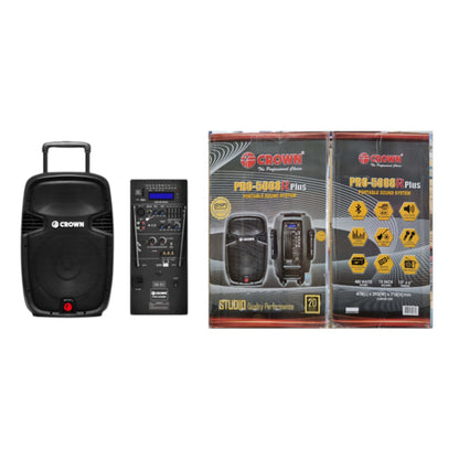 Crown 480W Portable Speaker 15 Inches 12V DC 2 Wireless Mic USB and SD Port LCD Display Guitar Port 4-8 Ohms 5 Band Equalizer Rechargeable Battery Portable Sound System with Guitar Input PRO-5008R+