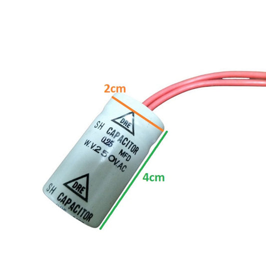 DRE 250V capacitor for Motor Parts with 2cm height and 4cm length, designed for electrical applications