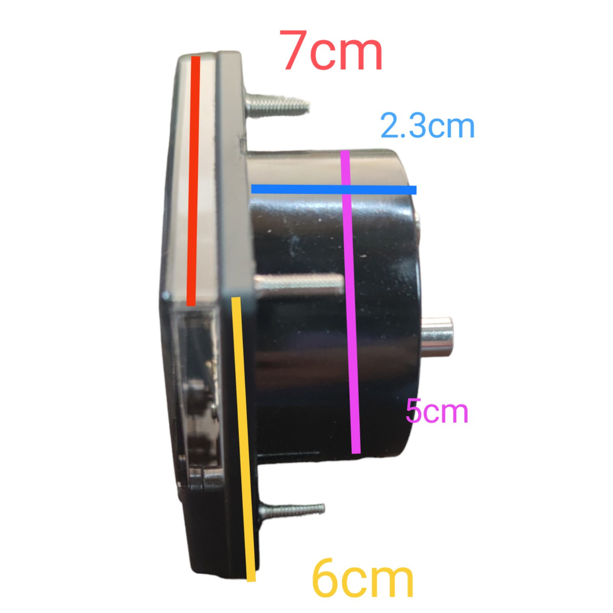 A small cylindrical black motor or mechanical component shown on a white background with overlaid dimension labels: 7cm, 2.3cm, 5cm, and 6cm in red, blue, pink, and yellow text.