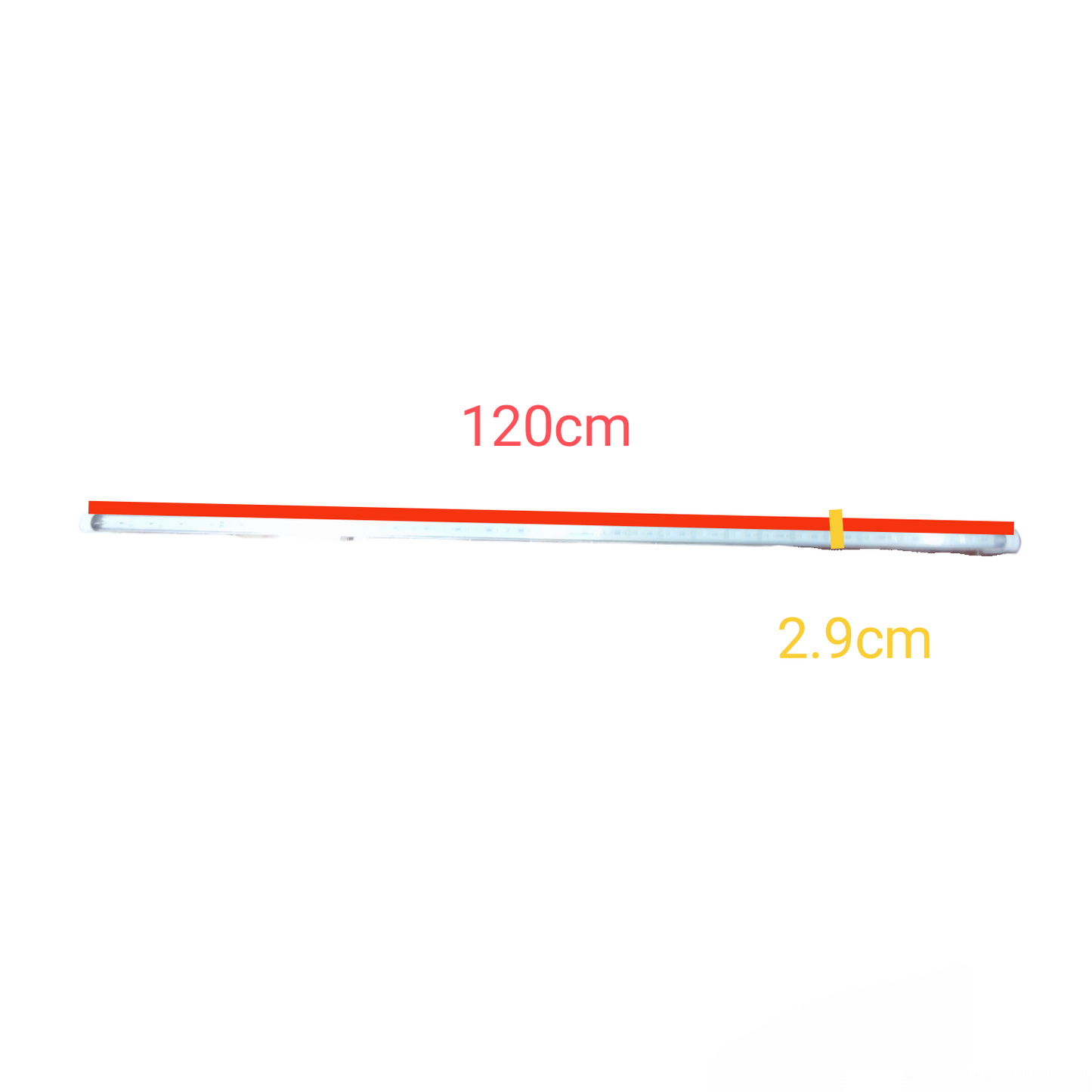 Measurement stick showing length of 120cm with a width of 2.9cm on a white background Denko 18W LED Fluorescent Tube Daylight 6500K or Cool White Double Ended 12V 1.2 Meters Electx Electrical Supply