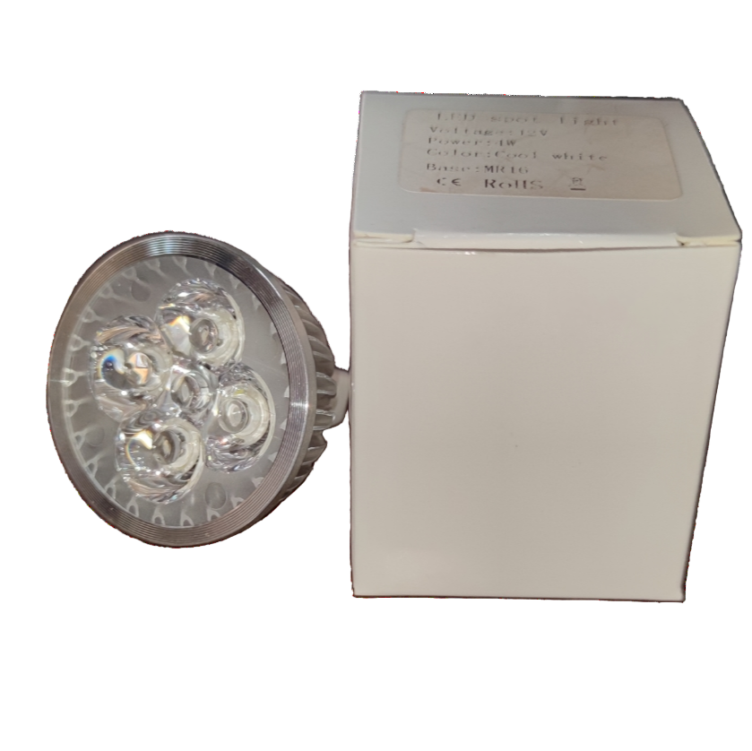 LED light bulb with packaging on a white background Denko 4W LED MR16 GU5.3 12V DC 6500K Daylight with Heat Sink Dichroic Lamp Electx Electrical Supply