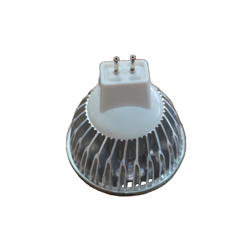 LED light bulb on a white background Denko 4W LED MR16 GU5.3 12V DC 6500K Daylight with Heat Sink Dichroic Lamp Electx Electrical Supply
