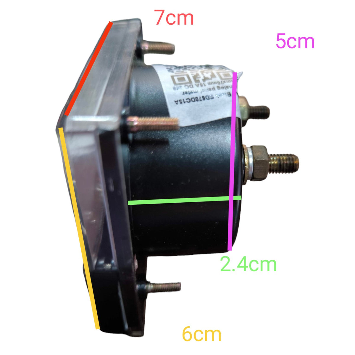 A small black cylindrical motor or component with a metal mounting plate, shown on a white background with colored measurement lines and text labels indicating dimensions: 7cm, 5cm, 2.4cm, and 6cm.