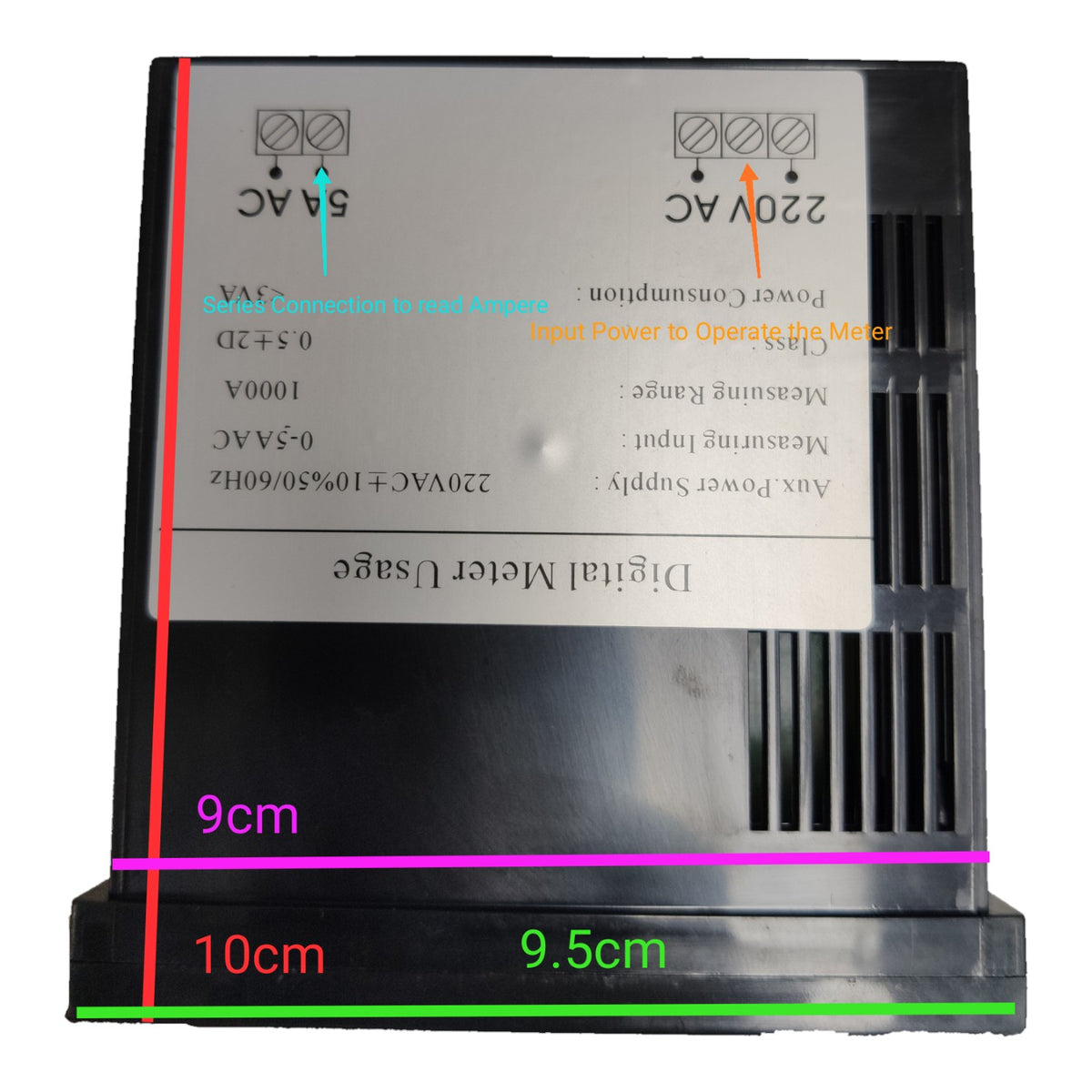 A digital meter usage/specification graphic showing a black rectangular electronic device with a white label. Red, pink, green, and cyan measurement lines and text overlay dimensions of 9cm, 10cm, and 9.