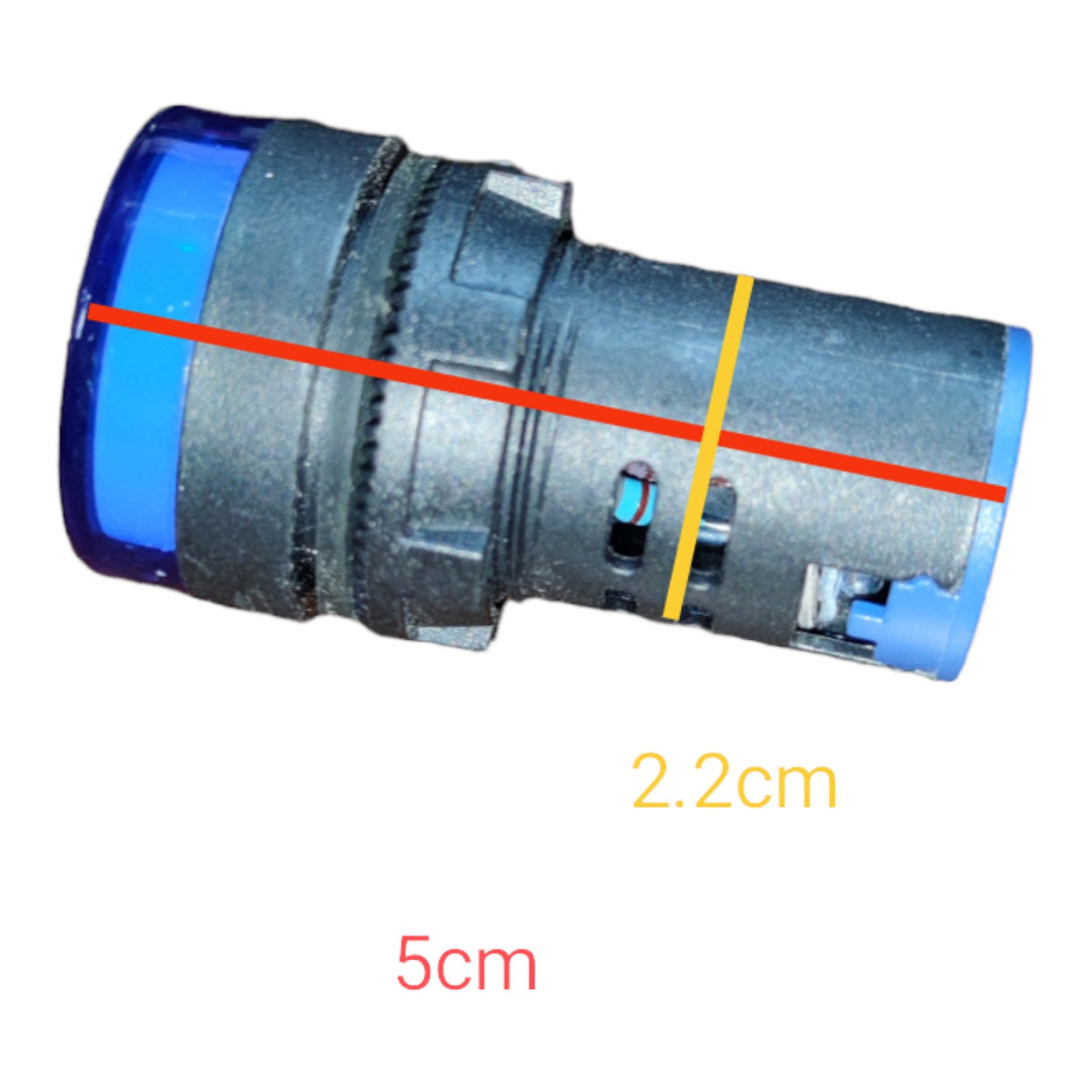 A small cylindrical black and blue plastic component shown on a white background with red and yellow measurement lines and text indicating dimensions 5cm and 2.2cm.