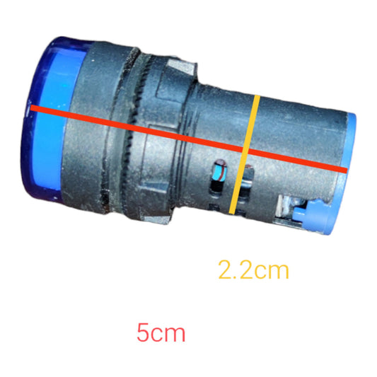 A small cylindrical black and blue plastic component shown on a white background with red and yellow measurement lines and text indicating dimensions 5cm and 2.2cm.