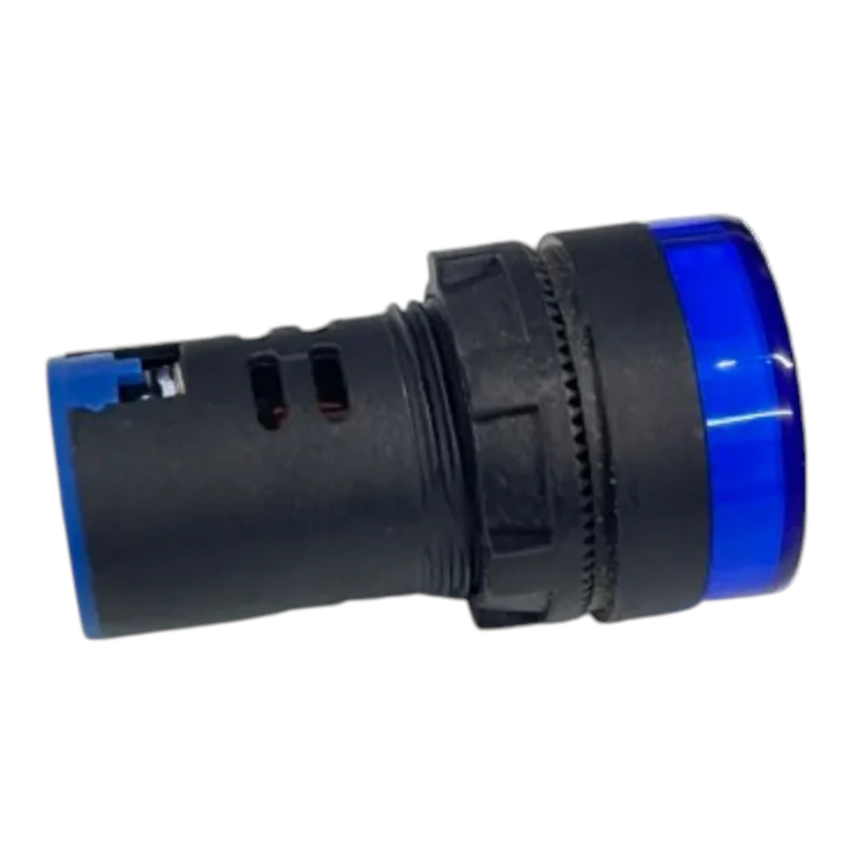 A black plastic cylindrical connector with a translucent blue end cap, shown on a plain white background.