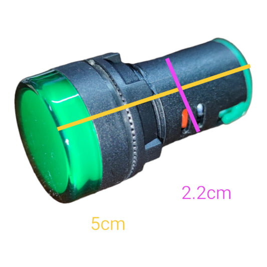 A cylindrical green and black industrial light fixture shown on a white background with overlaid dimension lines and text indicating 5cm length and 2.2cm width.