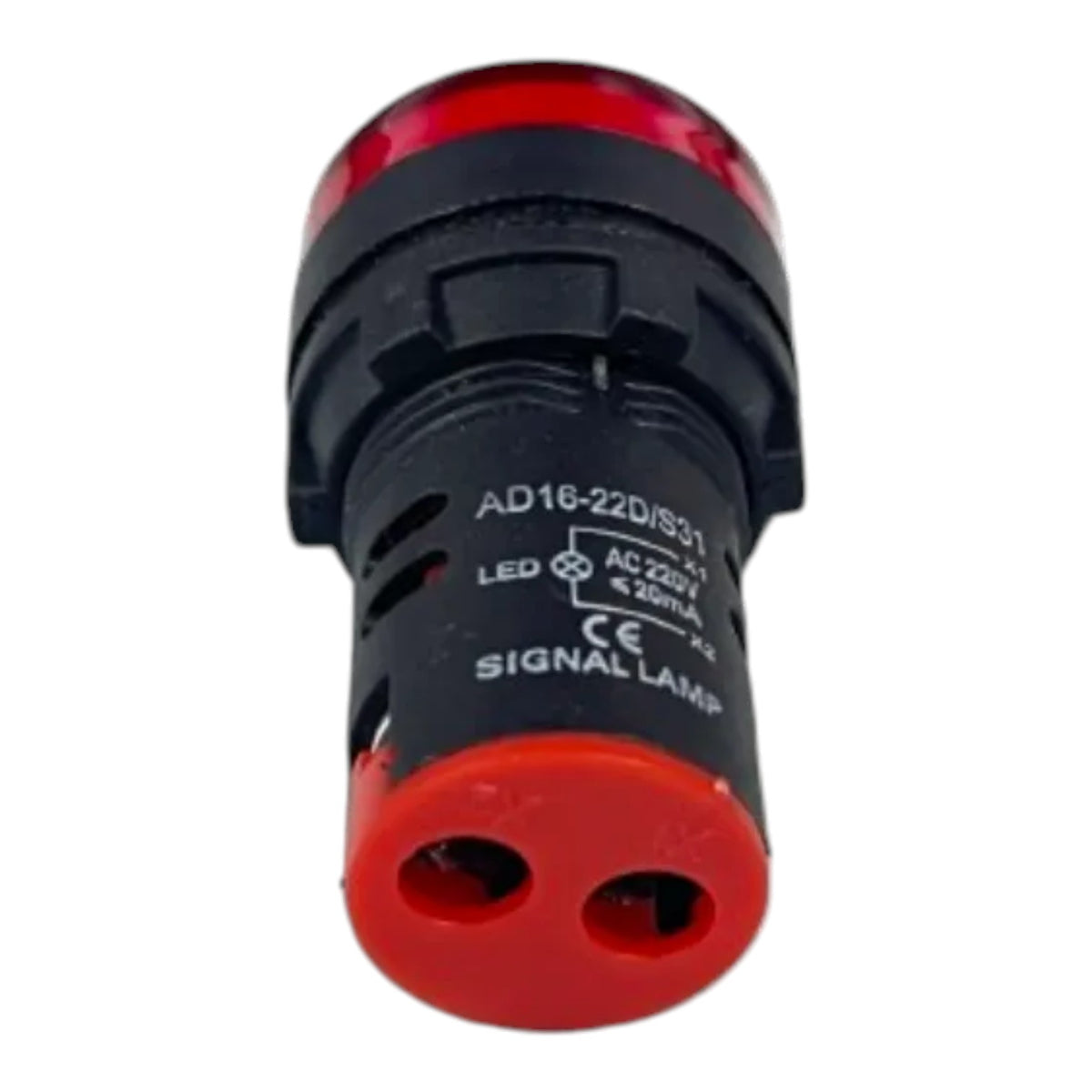 A red and black industrial signal lamp with printed technical specifications on the side, isolated on a white background.