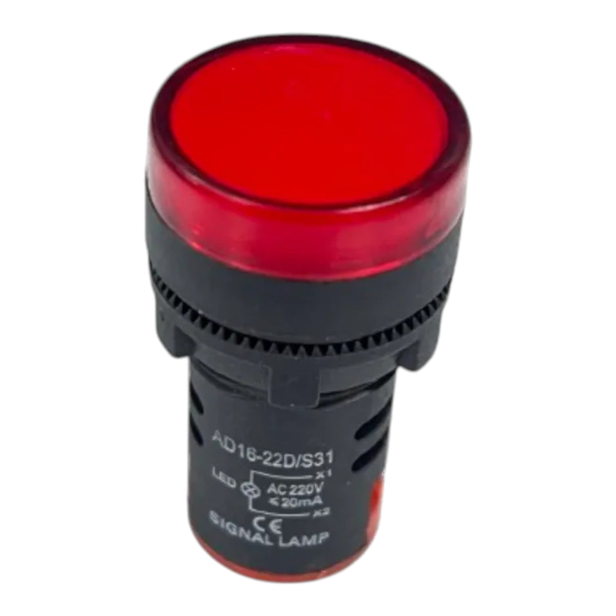 A red LED signal lamp with a black plastic base and a red translucent top, shown on a plain white background.