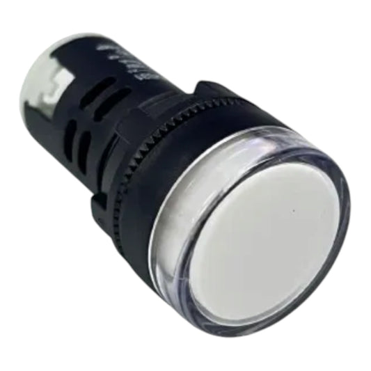 A cylindrical industrial push-button switch with a black plastic body, a clear protective cover, and a white button face, shown on a plain white background.