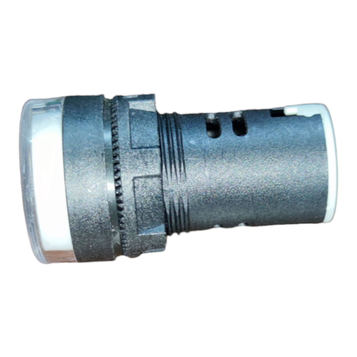 A cylindrical metal socket or connector with a textured dark gray body, a clear plastic cover on one end, and a white plastic end cap, shown on a plain white background.