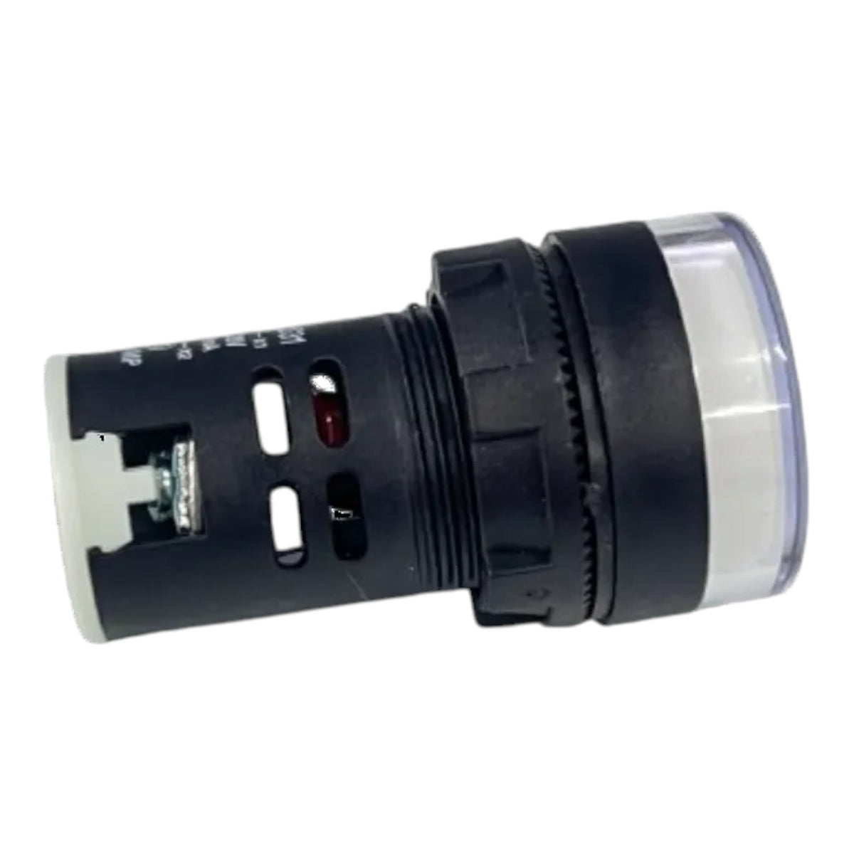 A black cylindrical electrical component or light fixture with a clear lens on one end and a white terminal block on the other, shown against a plain white background.
