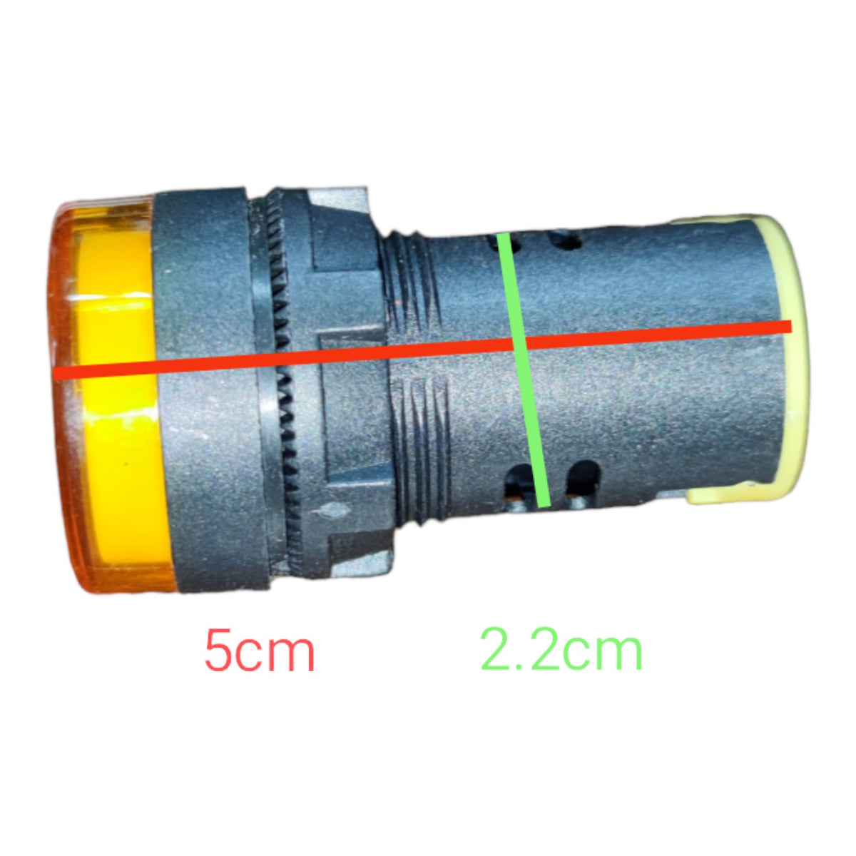A cylindrical black plastic component with a translucent yellow end cap, shown on a white background with red and green measurement lines and labels indicating 5cm length and 2.2cm width.