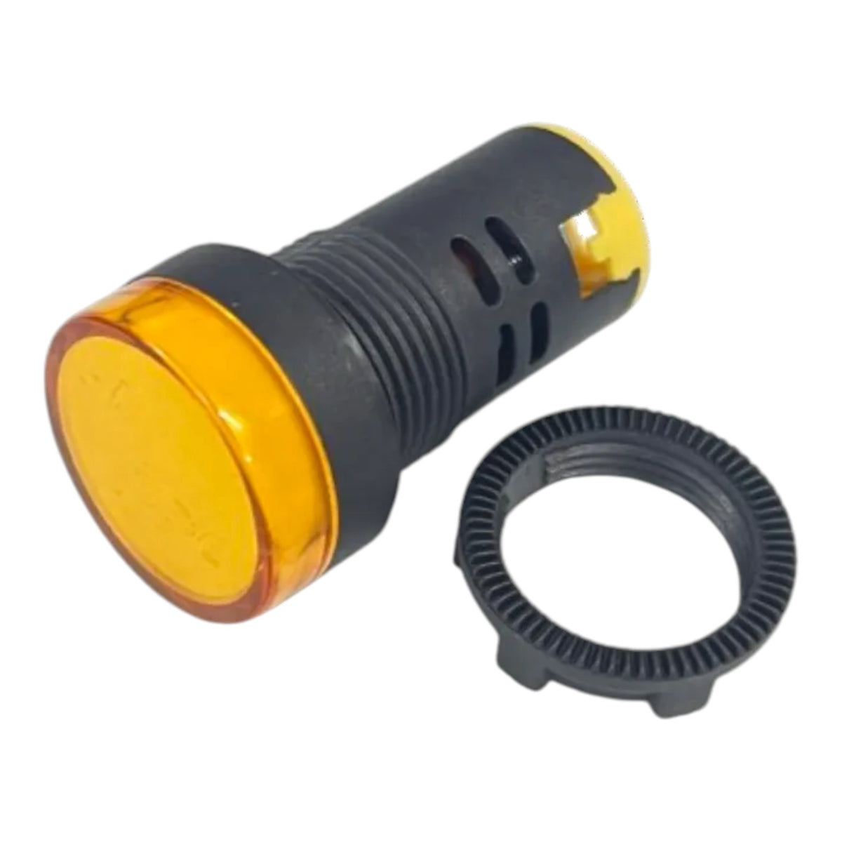An industrial indicator light assembly with a black ribbed body, a translucent amber yellow lens, and a separate black mounting ring, shown on a plain white background.