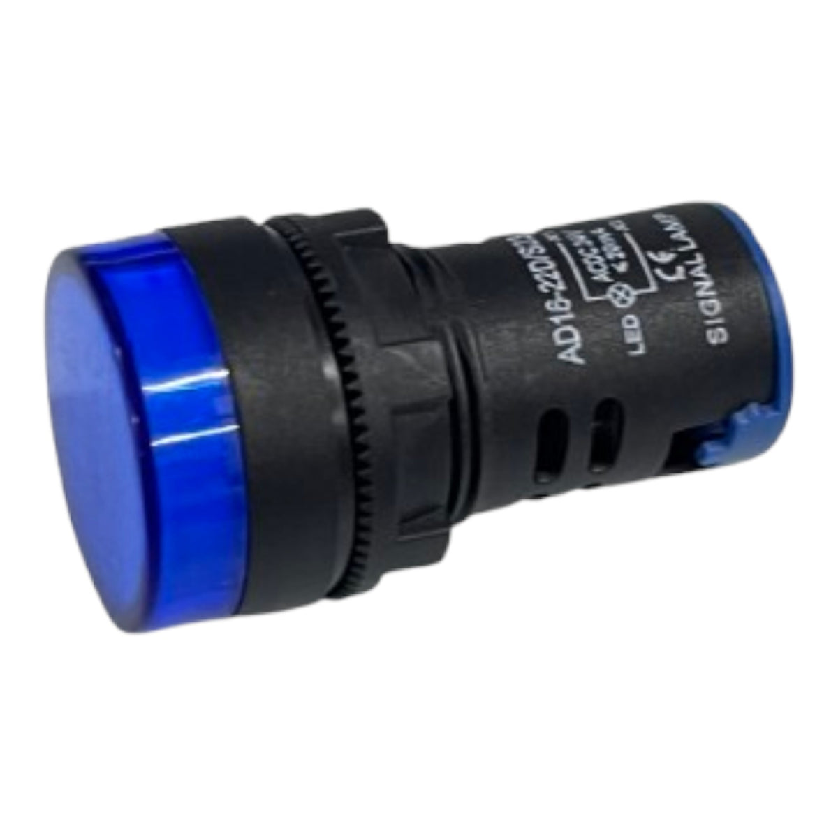 A black industrial LED indicator light with a blue translucent lens and white printed technical specifications on the side, shown on a plain white background.