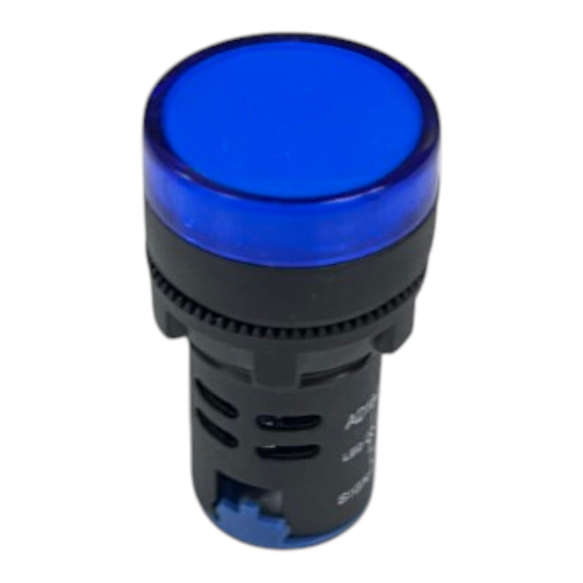 A blue illuminated industrial push-button indicator light with a black housing, shown on a plain white background.