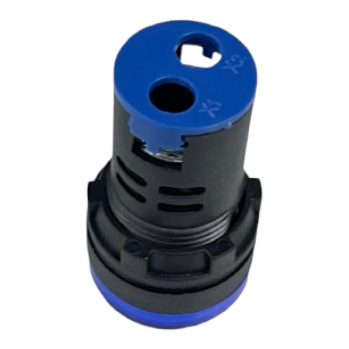A black plastic spray nozzle with blue plastic top and bottom rings, shown on a plain white background.