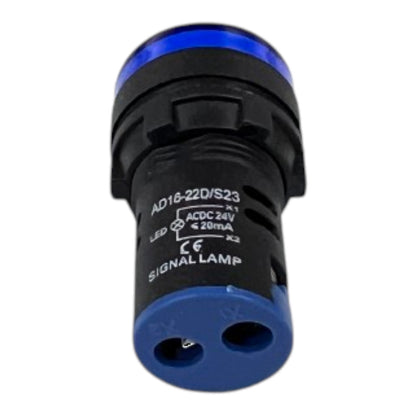A black and blue industrial signal lamp with white printed specifications on the side, shown against a plain white background.