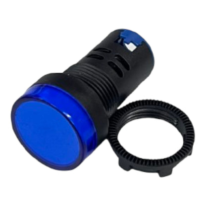 A blue and black cylindrical industrial indicator light with a separate black mounting ring, shown on a plain white background.