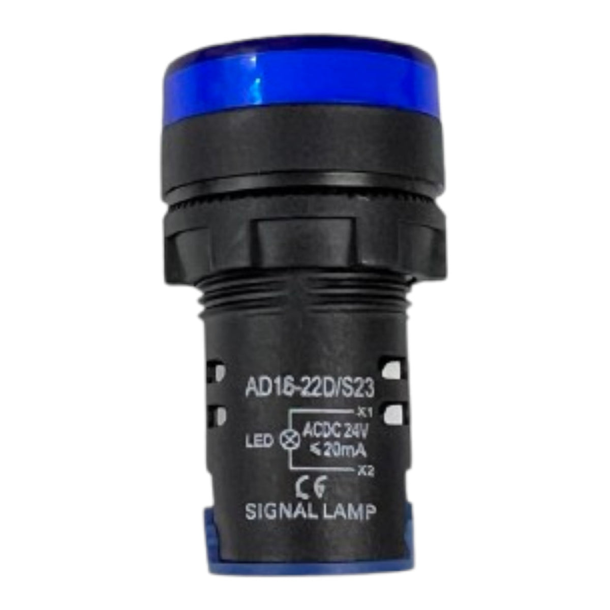A black industrial signal lamp with a blue translucent top cap and blue base accents, featuring white printed technical specifications on the side.