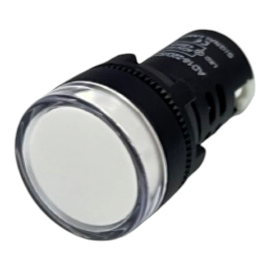 A small cylindrical industrial LED indicator light with a clear circular lens, a black textured body, and a silver metal terminal on a white background.