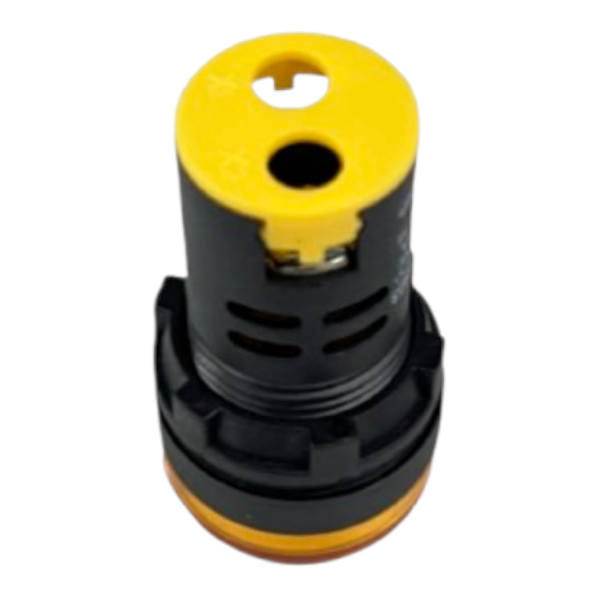 A black and yellow plastic nozzle tip or connector component, shown from a top-down angle on a plain white background.