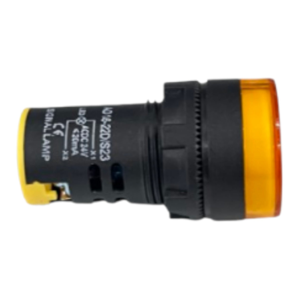 A black industrial push-button switch with yellow and amber accents, featuring printed technical specifications on its side.