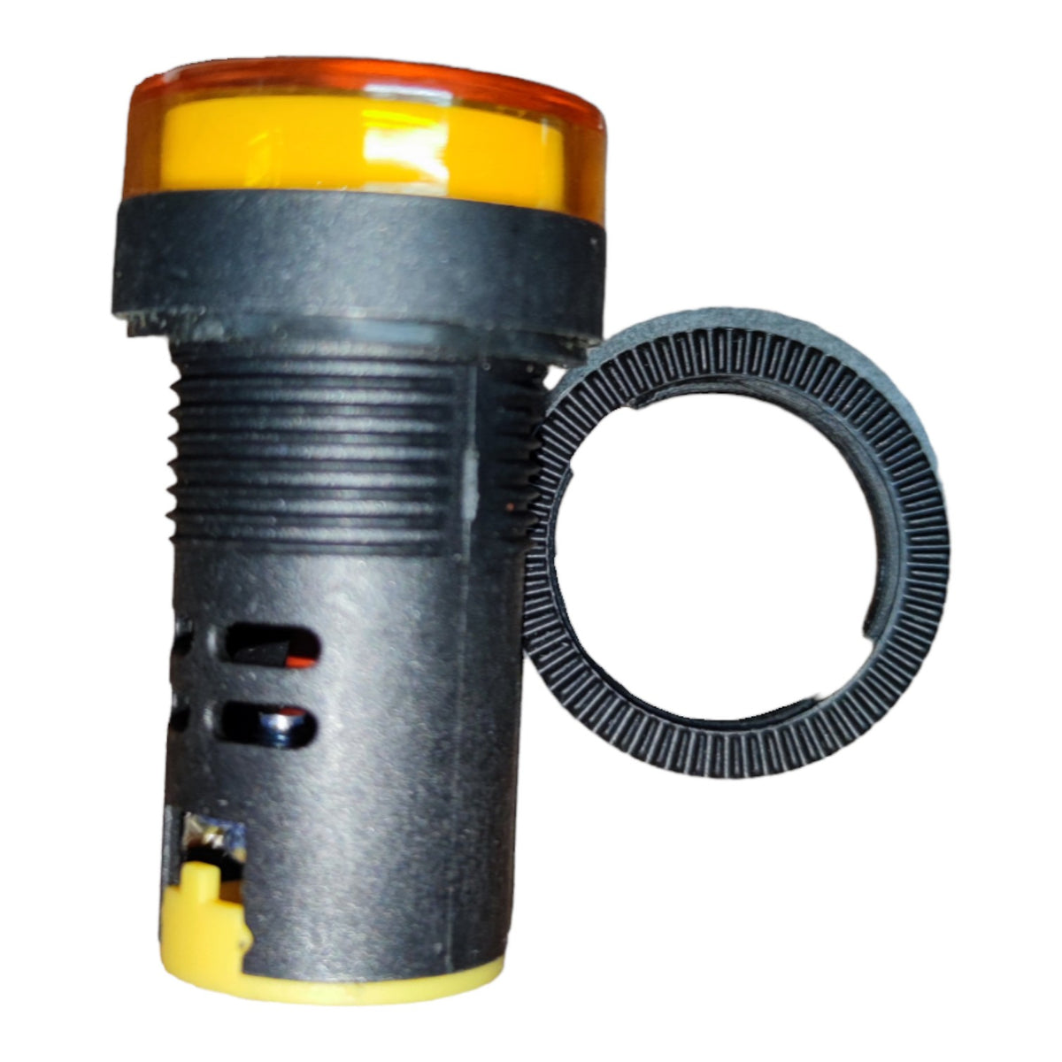 A black cylindrical electrical push-button switch with a translucent amber top cap, yellow accents, and a separate black ring component shown alongside on a white background.