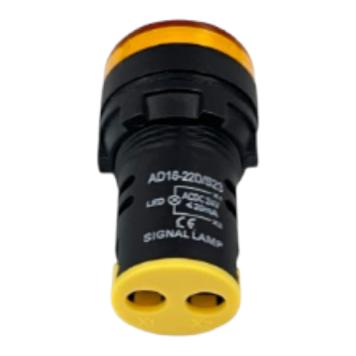 A black and yellow industrial signal lamp with white printed technical specifications on the side, isolated on a white background.