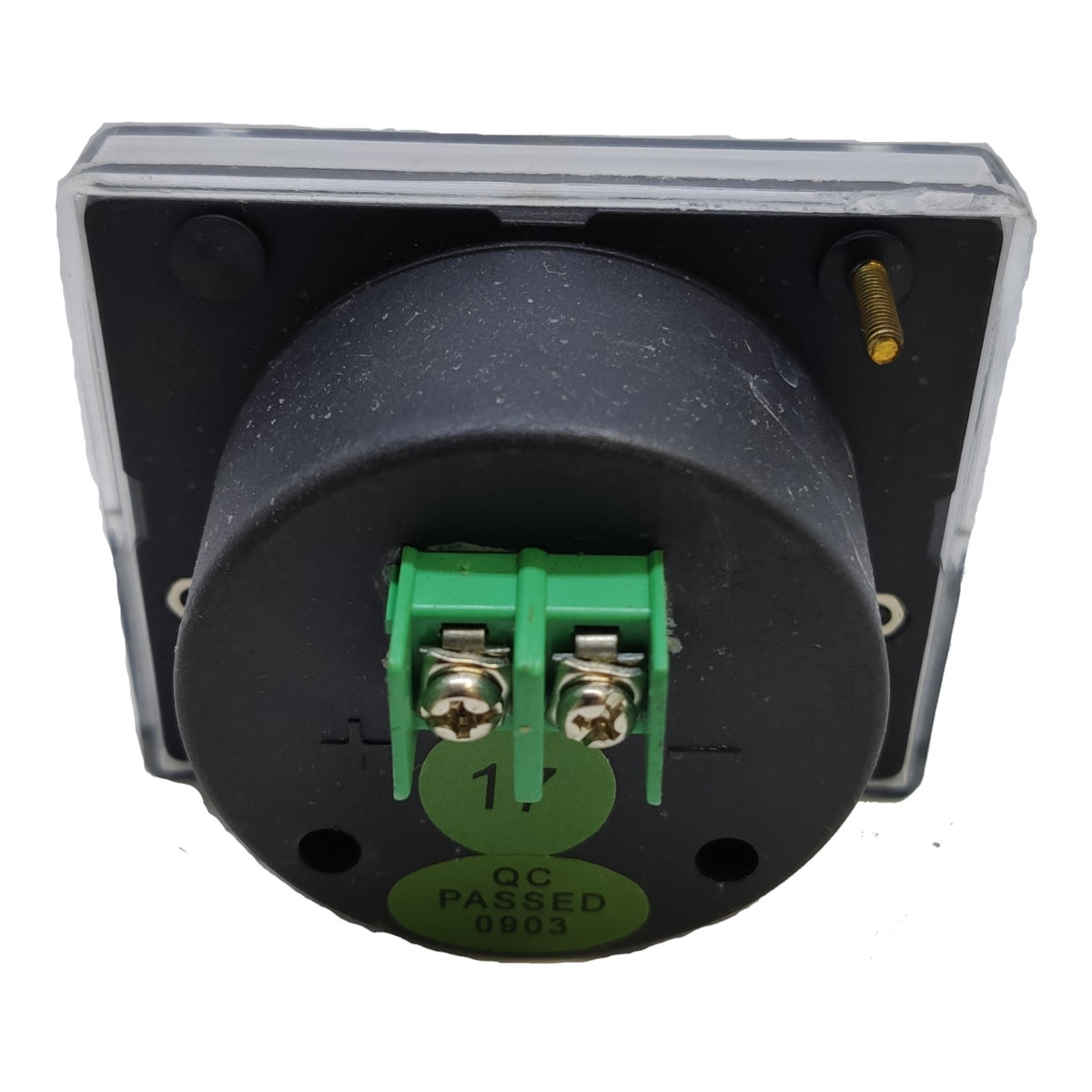 A square black electronic component with a clear plastic cover, featuring a prominent green terminal block with two screw terminals on the circular face, and a small gold screw on the side.
