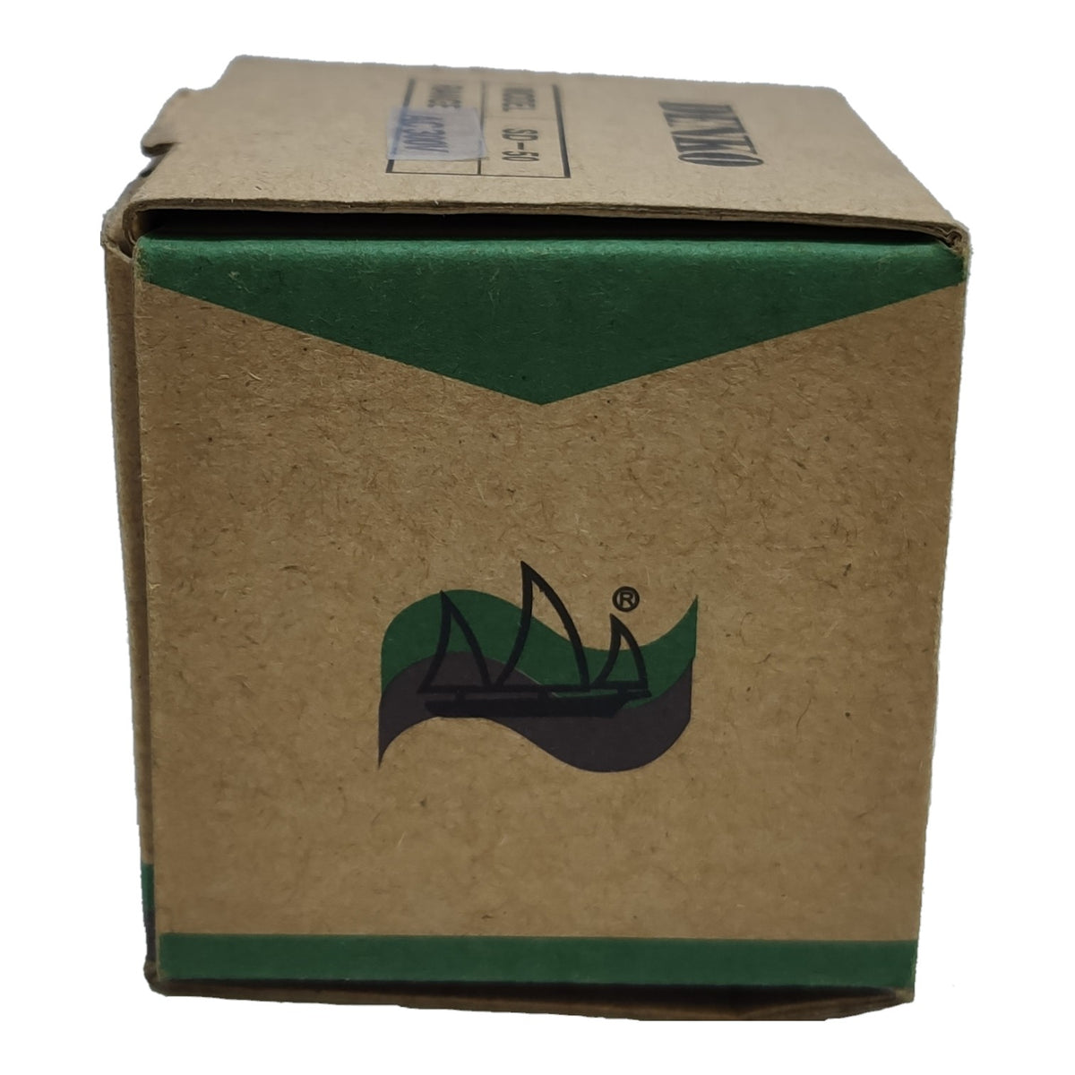 A brown kraft paper box with green accents and a logo printed on the front, photographed against a plain white background.