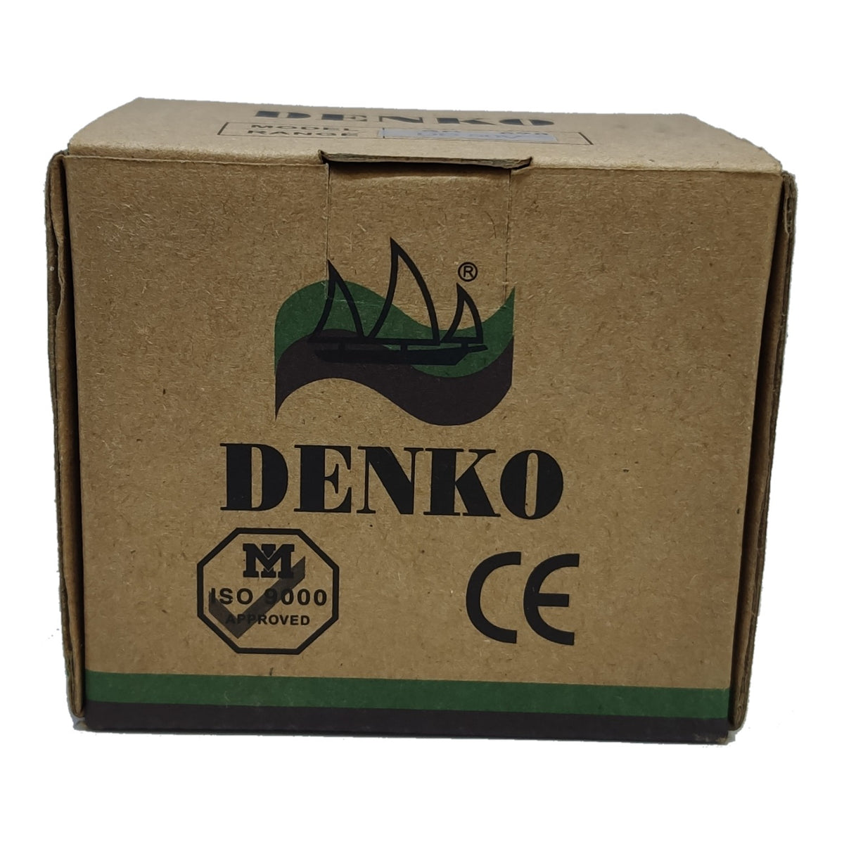 A brown cardboard shipping box with the brand name 'DENKO' printed in black, along with a green and black logo, an ISO 9000 badge, and a CE mark, on a plain white background.
