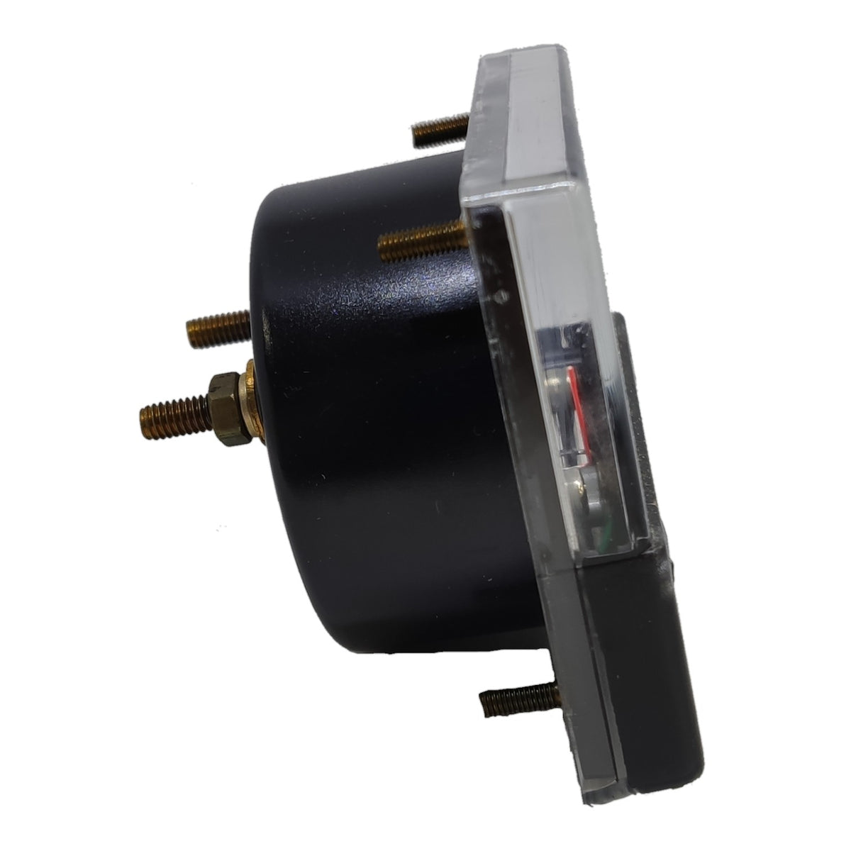 A black cylindrical electronic component with brass screw terminals and a clear plastic cover on a white background.