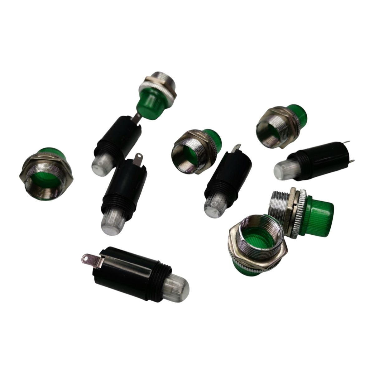 A set of small black and green electronic push-button switches with silver metal contacts, arranged on a plain white background.