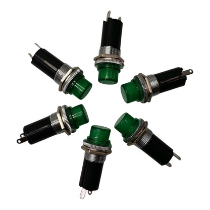 Six green and black industrial push-button indicator lights arranged in a circle on a white background.