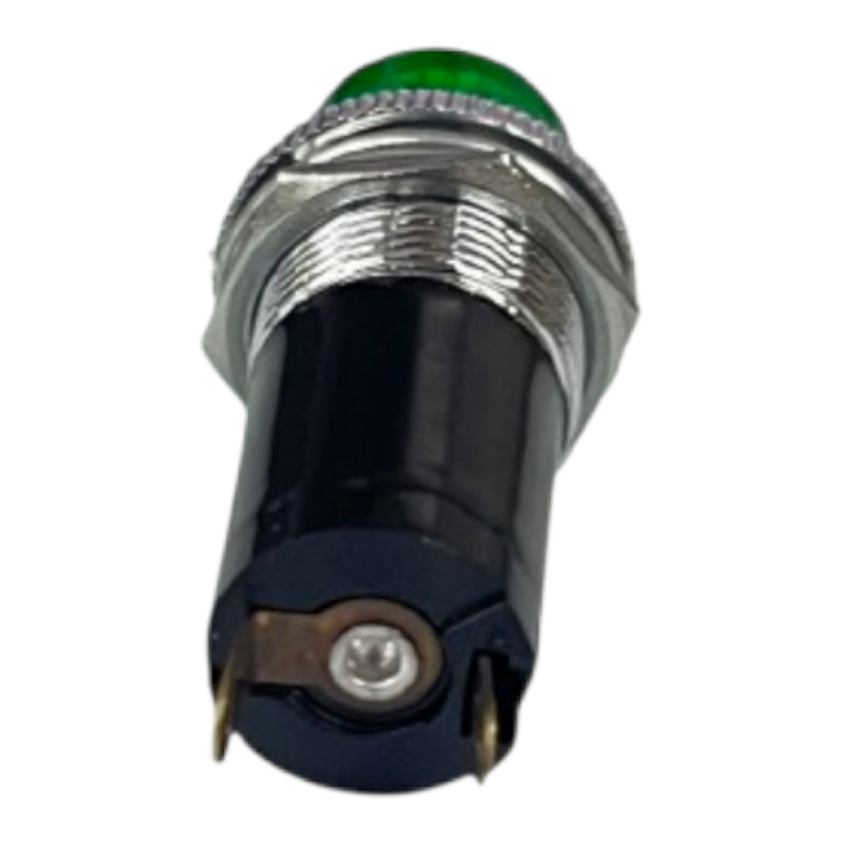 An industrial push-button switch module with a black plastic body, a silver metal threaded collar, and a green illuminated light at the top, shown against a plain white background.