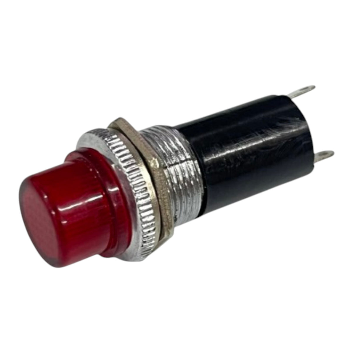 A small red push-button indicator light with a black plastic body, a silver metal threaded collar, and two silver metal pins, shown on a plain white background.
