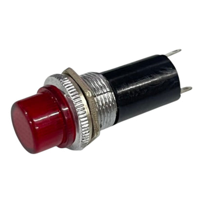 A small red push-button indicator light with a black plastic body, a silver metal threaded collar, and two silver metal pins, shown on a plain white background.