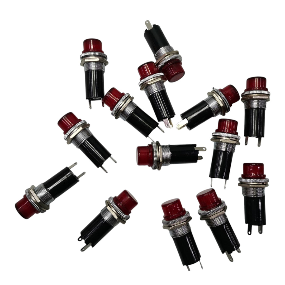 Ten red LED pincode indicator lights with black and silver metal casings, arranged on a plain white background.