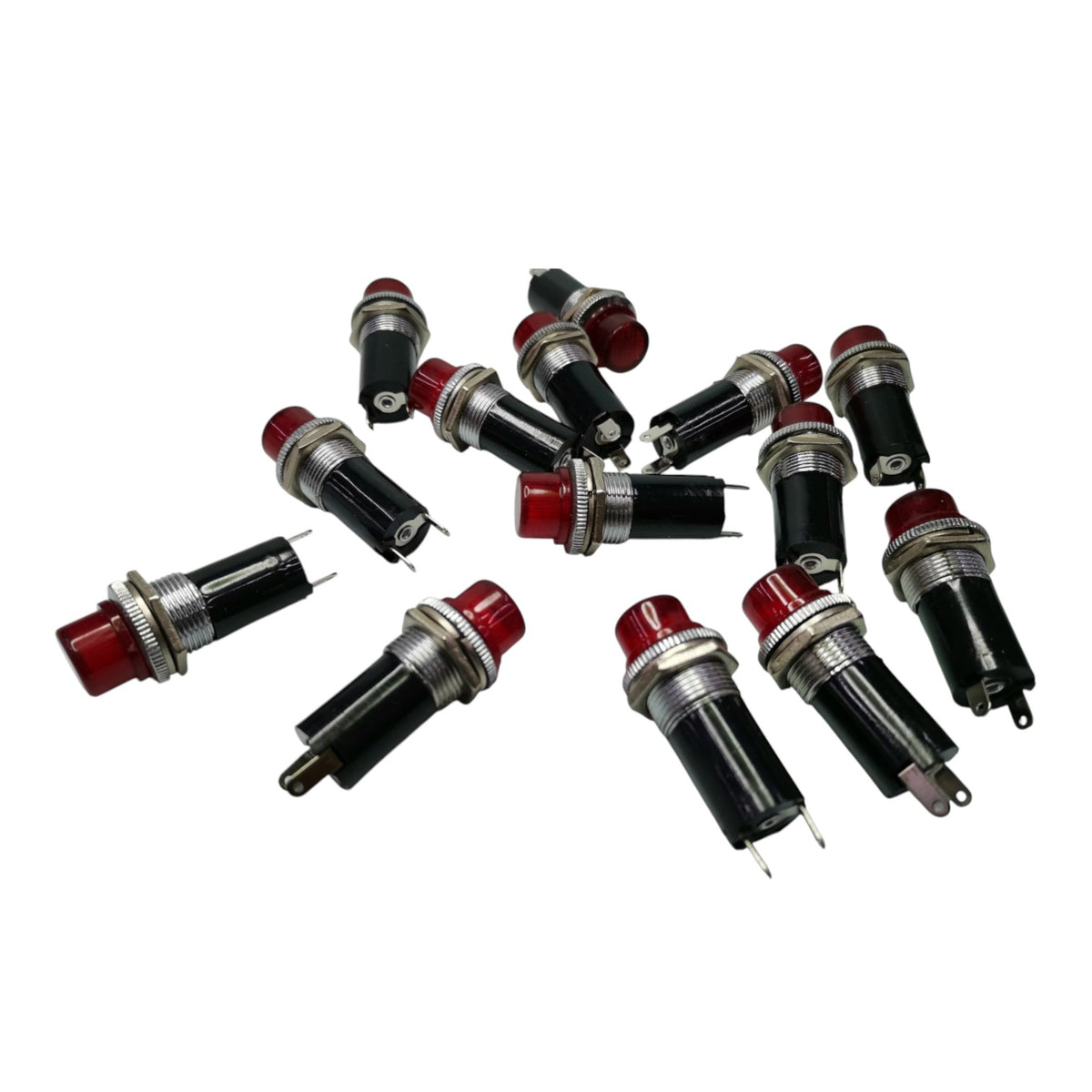 Ten small red and black push-button indicator lights with silver metal sockets, arranged on a plain white background.