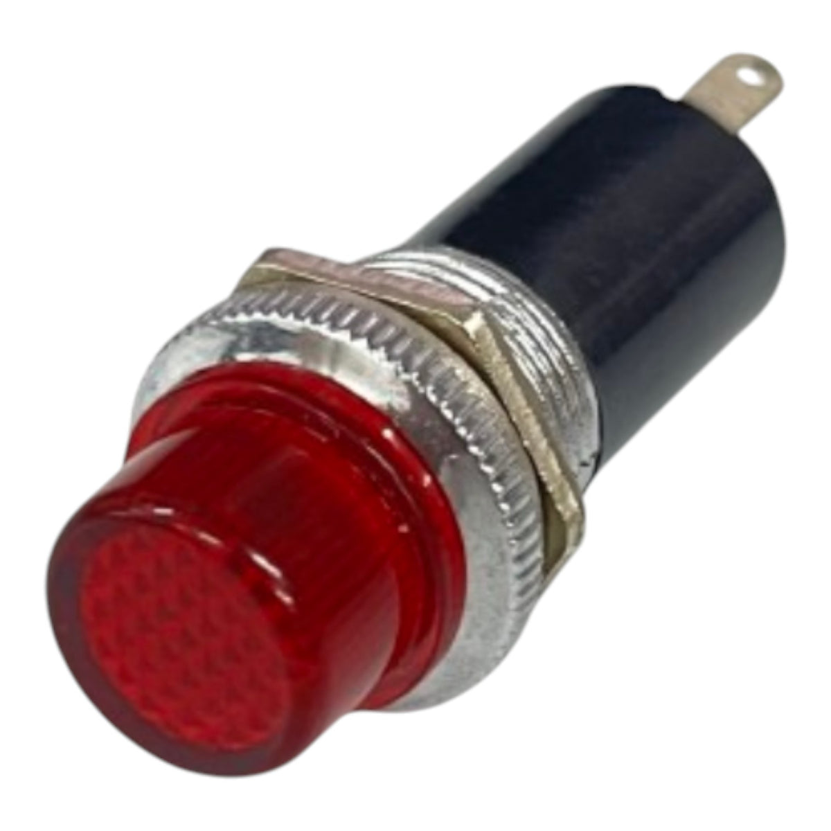 A red indicator light switch with a black plastic body, a silver metal threaded housing, and a red translucent lens, shown on a plain white background.