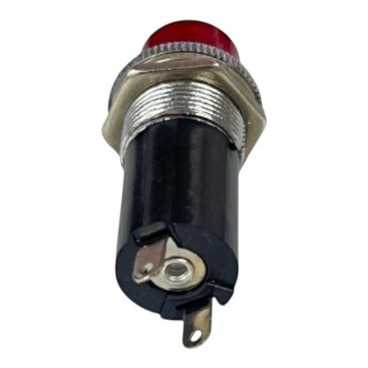 An industrial push-button switch with a red illuminated lens, a black plastic body, a silver metal threaded collar, and a single terminal lead, shown against a plain white background.