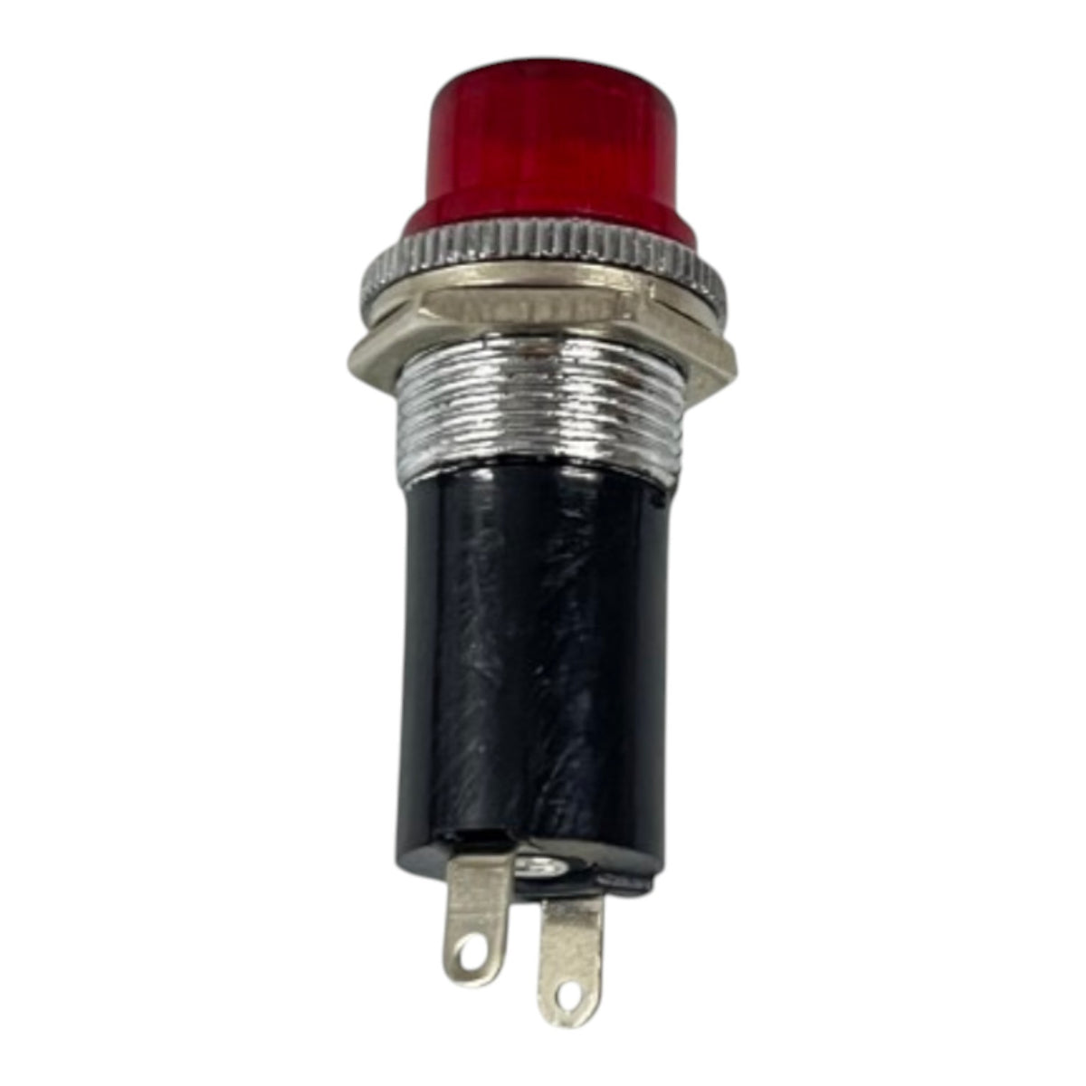 A single industrial push-button indicator light with a red translucent lens, a silver metal threaded housing, and a black cylindrical base with two metal terminal leads, shown on a plain white background.