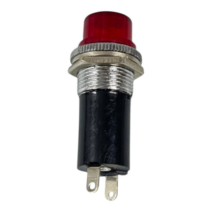 A single industrial push-button indicator light with a red translucent lens, a silver metal threaded housing, and a black cylindrical base with two metal terminal leads, shown on a plain white background.